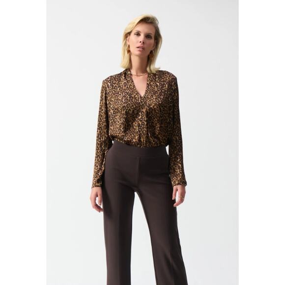 NWT Joseph Ribkoff Beige/Black Satin Animal Print Top Size 8 Style 244253 - Picture 2 of 10